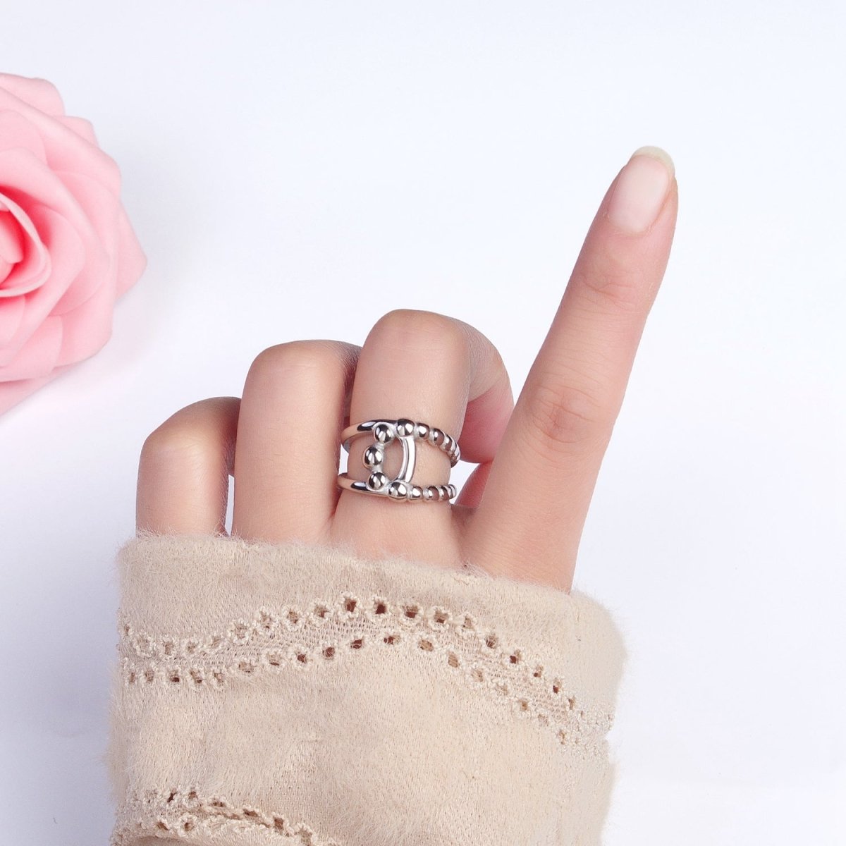 Stainless Steel Round Beaded Bubble Half Double Band Ring in Gold & Silver | O-1970~O-1977