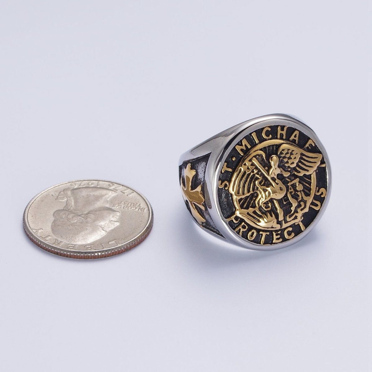 Stainless Steel Saint St. Michael "Protect Us" Religious Silver & Mixed Metal Ring S-325 S-331 U-540 U-539