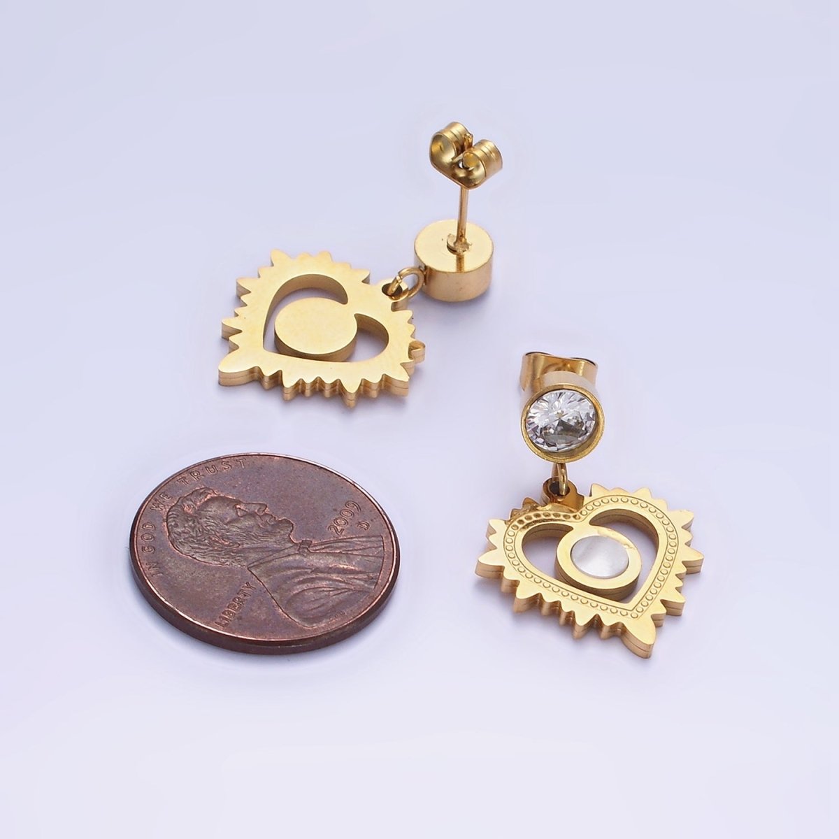 Stainless Steel Shell Pearl Open Heart CZ Drop Stud Earrings | AE460