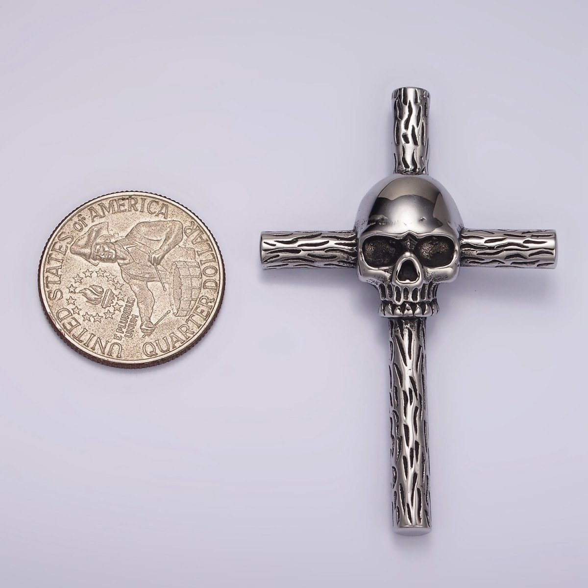 Stainless Steel Skeleton Skull Wood Line-Textured Cross Oxidized Pendant | P1179