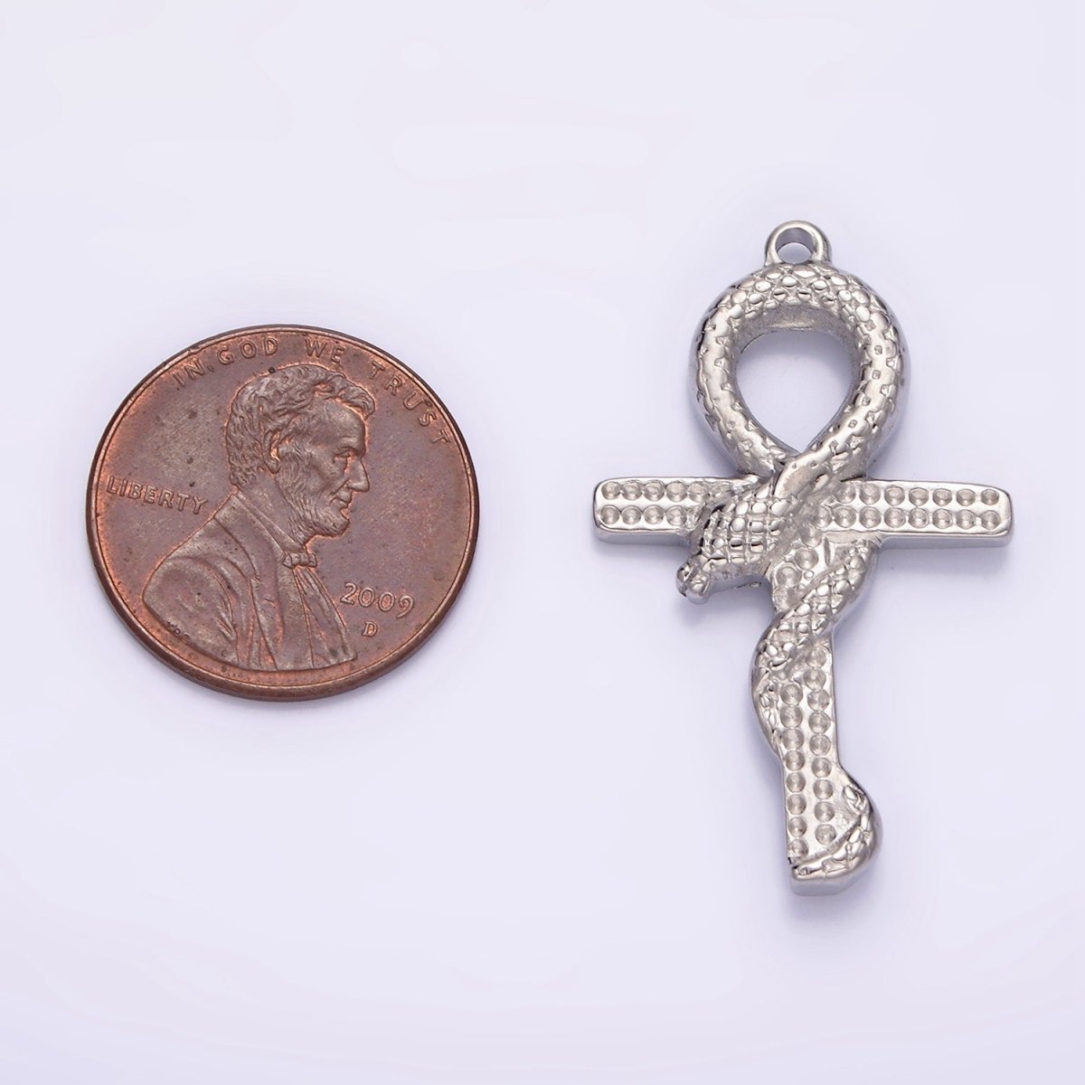 Stainless Steel Snake Serpent Animal Religious Ankh Cross Silver Charm | P1285