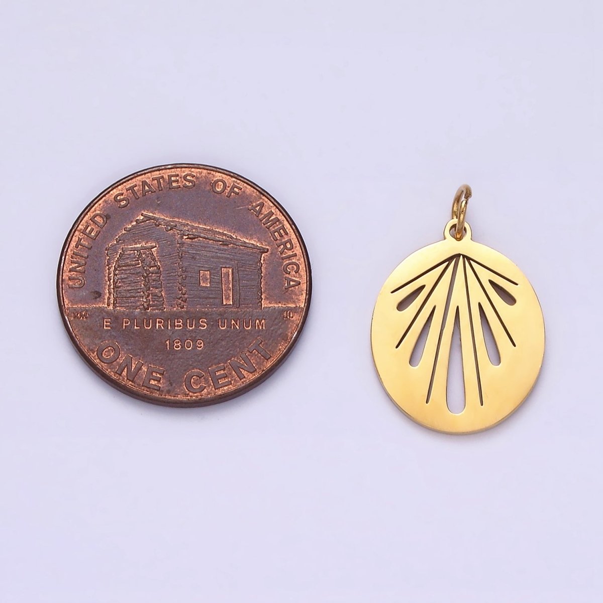 Stainless Steel Sunburst Geometric Teardrop Lined Open Oval Charm | P1359