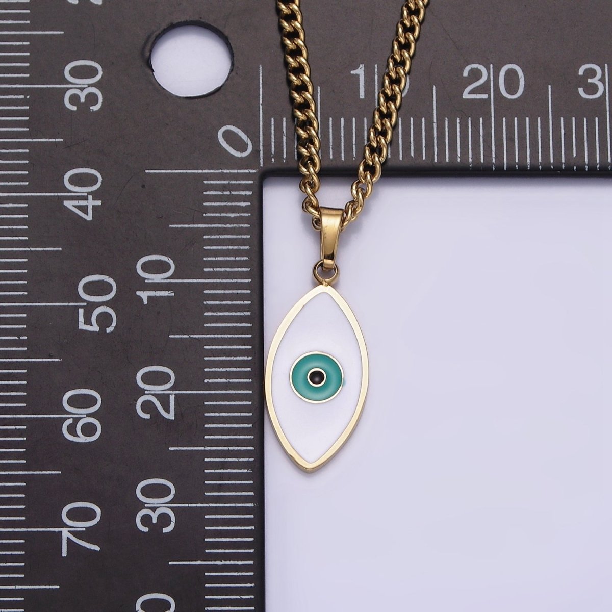 Stainless Steel Teal Evil Eyed Enamel Pendant 17 Inch Curb Chain Necklace | WA-2056 Clearance Pricing