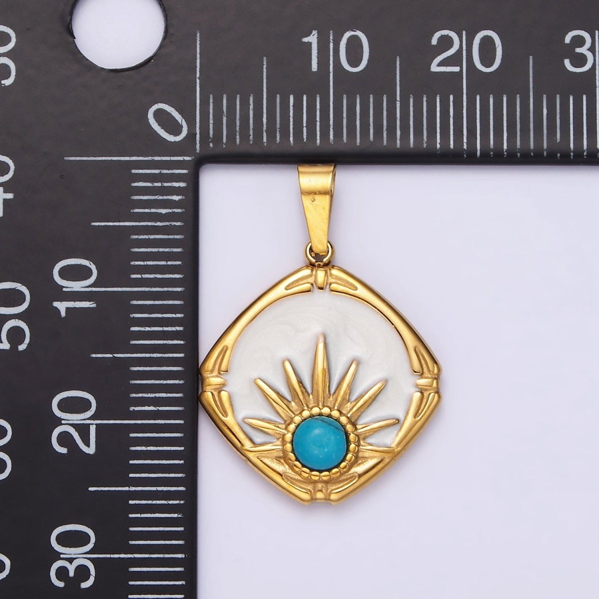 Stainless Steel Turquoise Celestial Sun White Enamel Round Rhombus Pendant | P-830