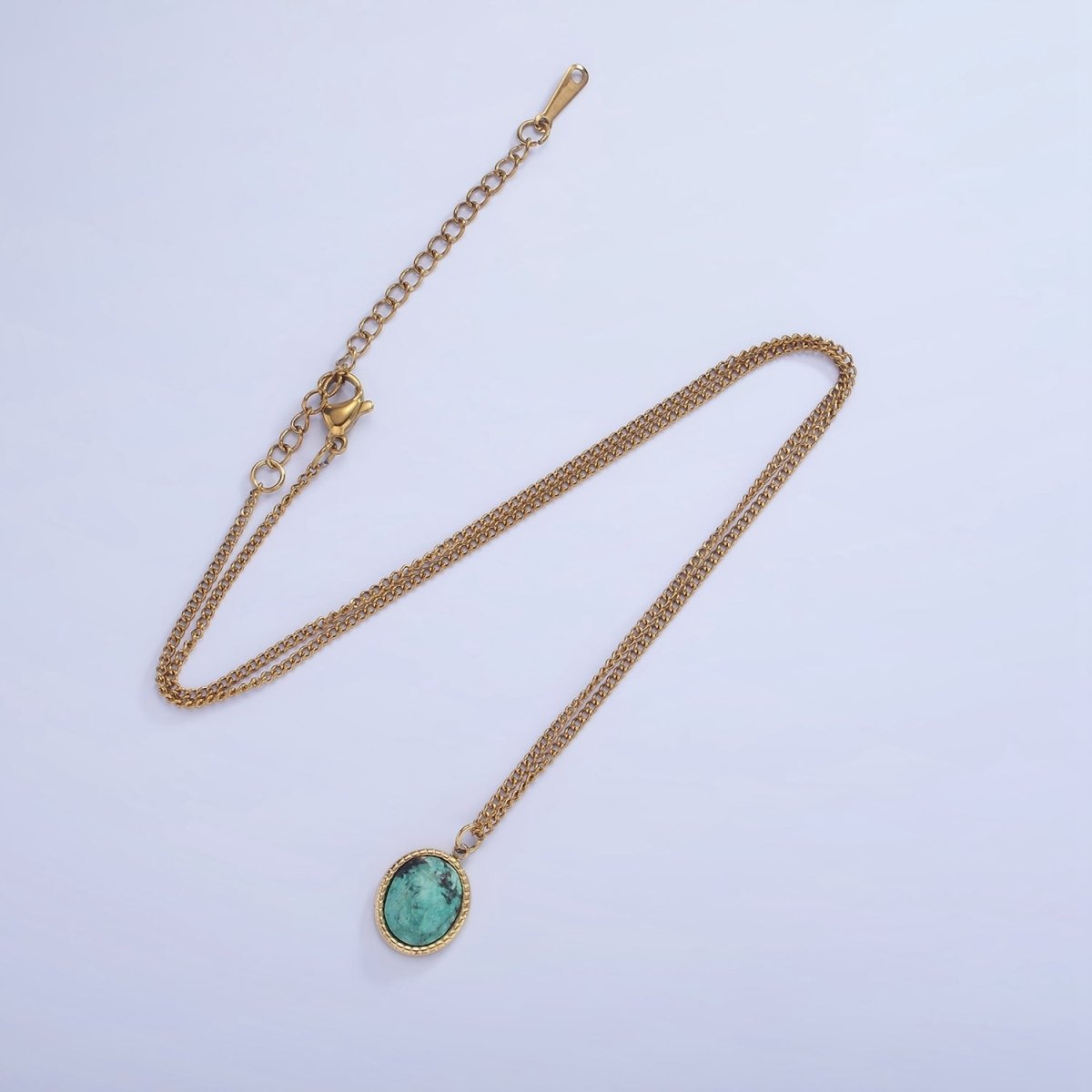 Stainless Steel Turquoise Oval Bezel Curb Chain 16 Inch Necklace w. Extender | WA-2471