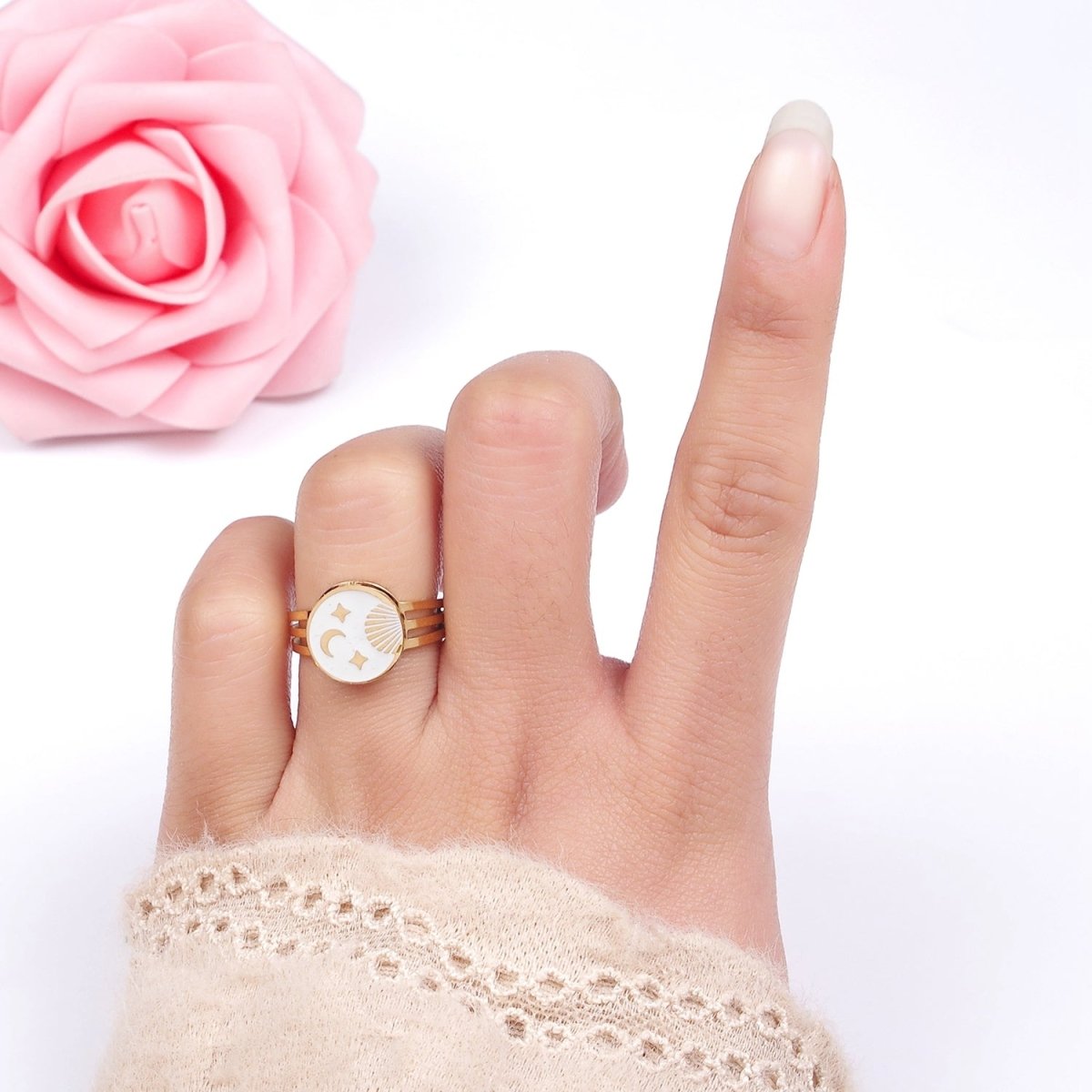 Stainless Steel White Enamel Celestial Sun Moon Stars Round Triple Band Ring | O1299