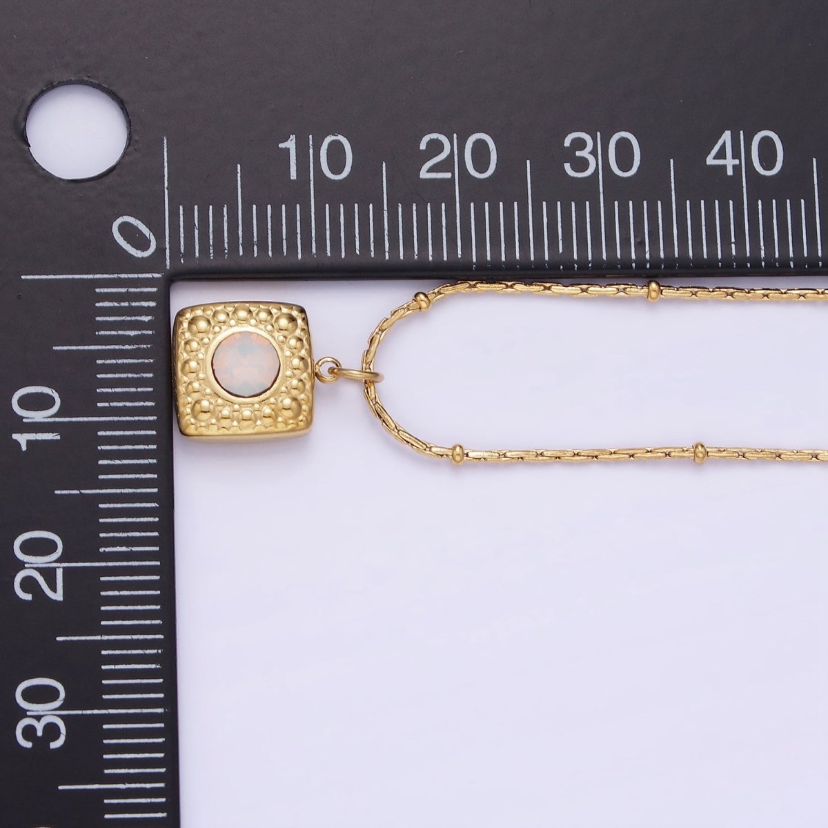 Stainless Steel White Opal Dotted Square Charm Wheat Satellite 16 Inch Choker Necklace | WA-2398