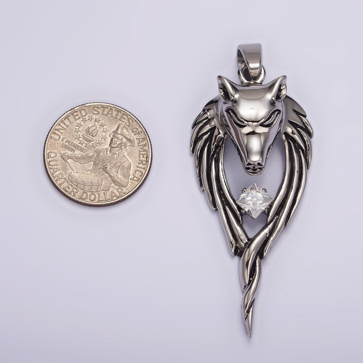 Stainless Steel Wolf Head Wings Open Clear CZ Rhombus Pendant | P873