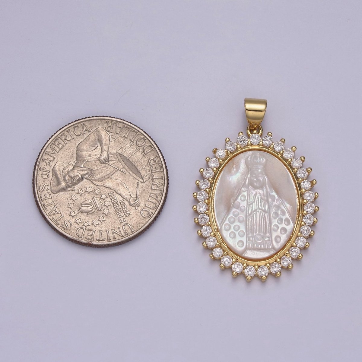 Statement Gold Filled Cubic Zirconia Bezeled Mother Of Pearl Virgin Mary Lady of Guadalupe Pendant Necklace for Religious Jewelry Making N-574
