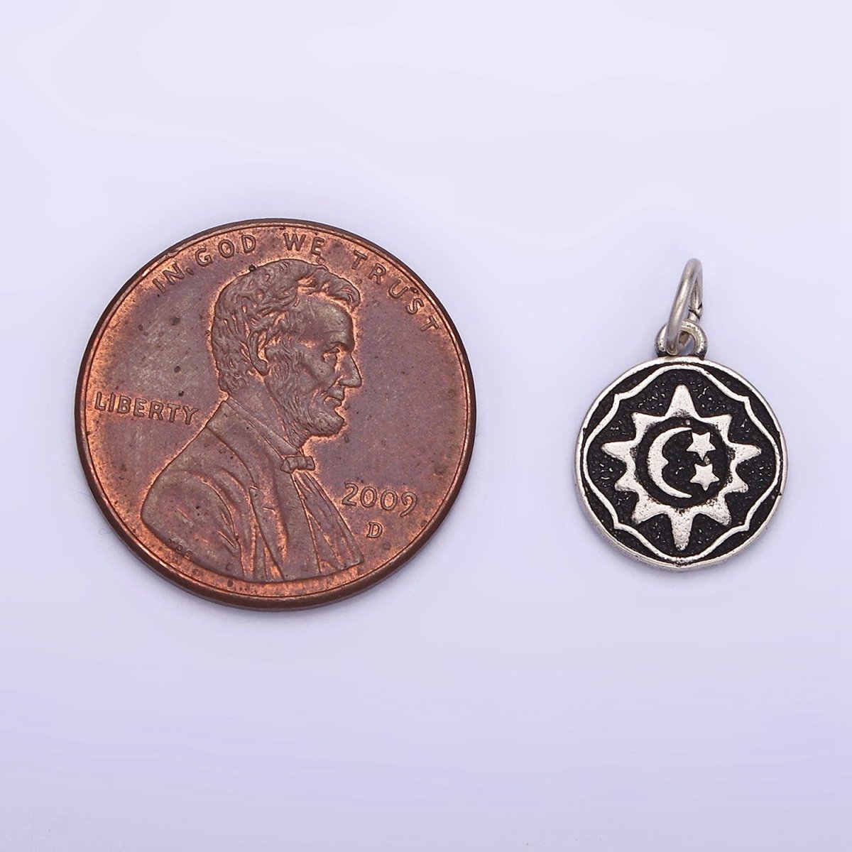 Sterling Silver S925 Celestial Sun Star Crescent Moon Round Coin Charm | SL-343