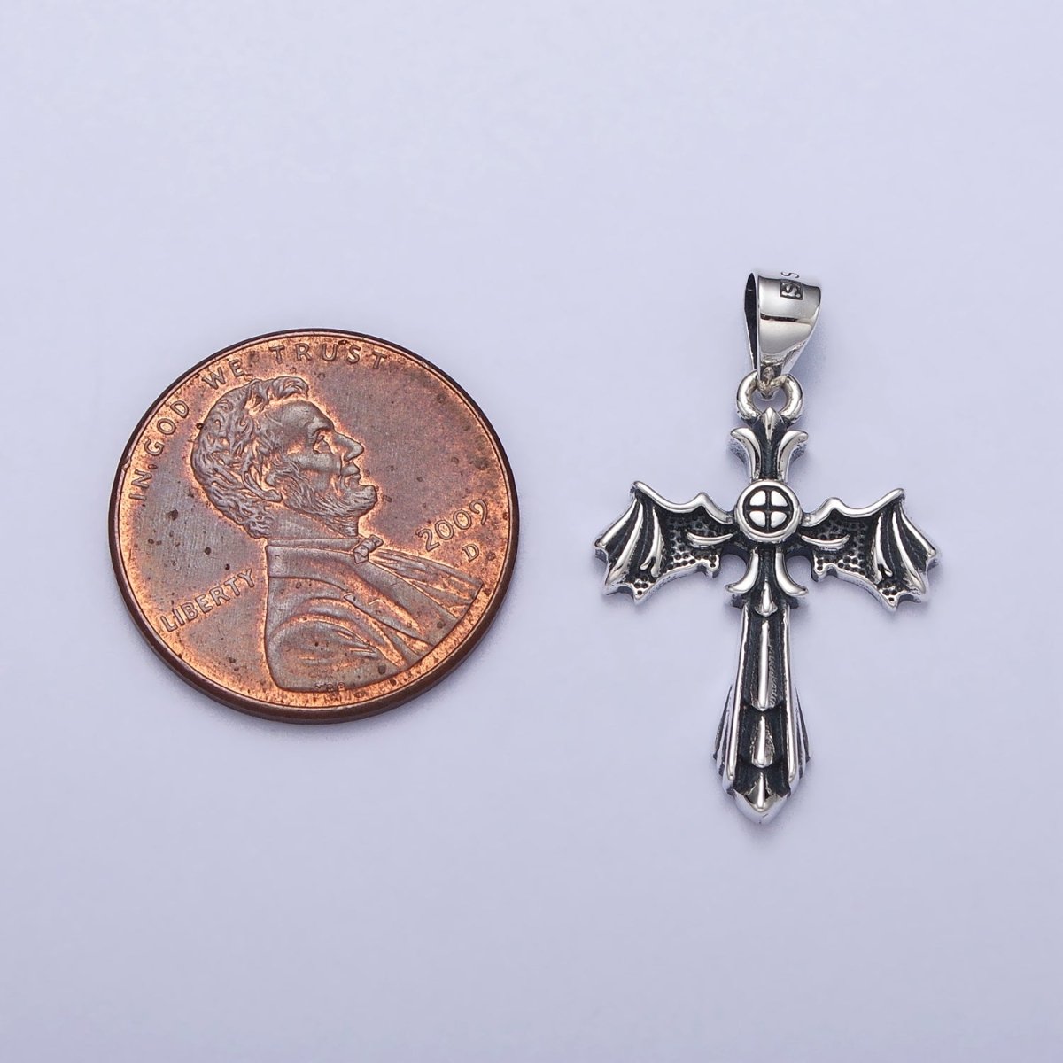 Sterling Silver S925 Gothic Fleury Cross Bat Wings Pendant | SL-396