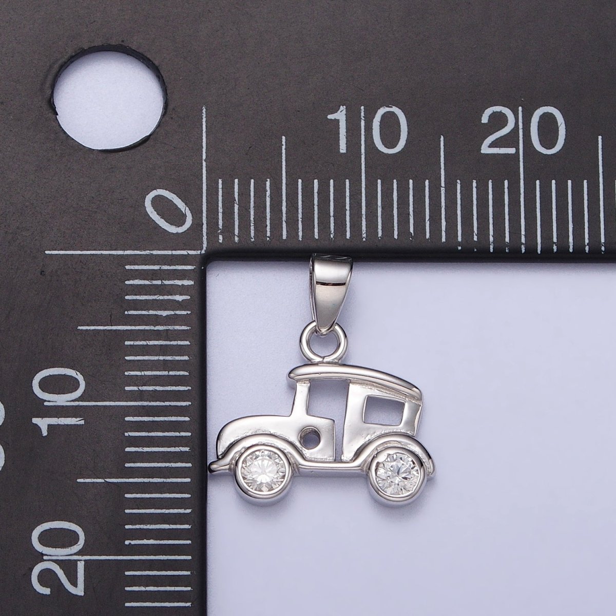 Sterling Silver S925 Mini Vintage Classic Car Clear CZ Wheel Pendant | SL-394