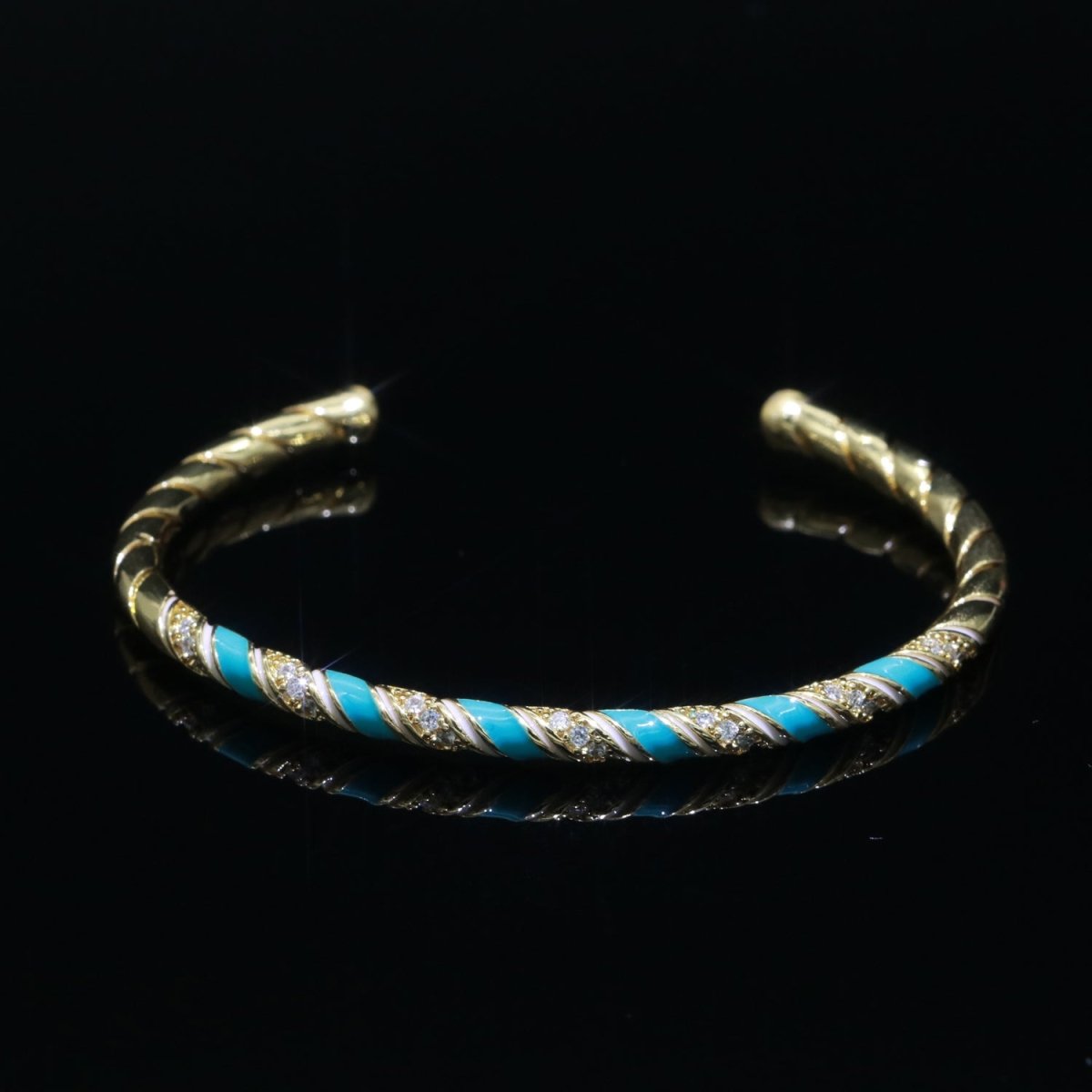 Teal Pastel Enamel Geometric Swirl Gold Filled Bangle Open Adjustable Bracelet Vintage Style Inspired