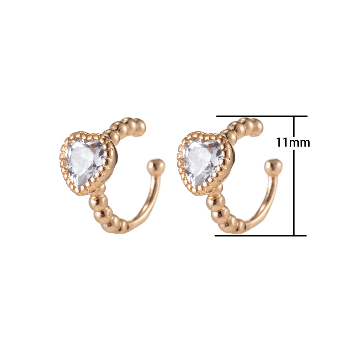 18K Gold Filled Heart CZ Beaded Bubble Ear Cuff Earrings | AI059