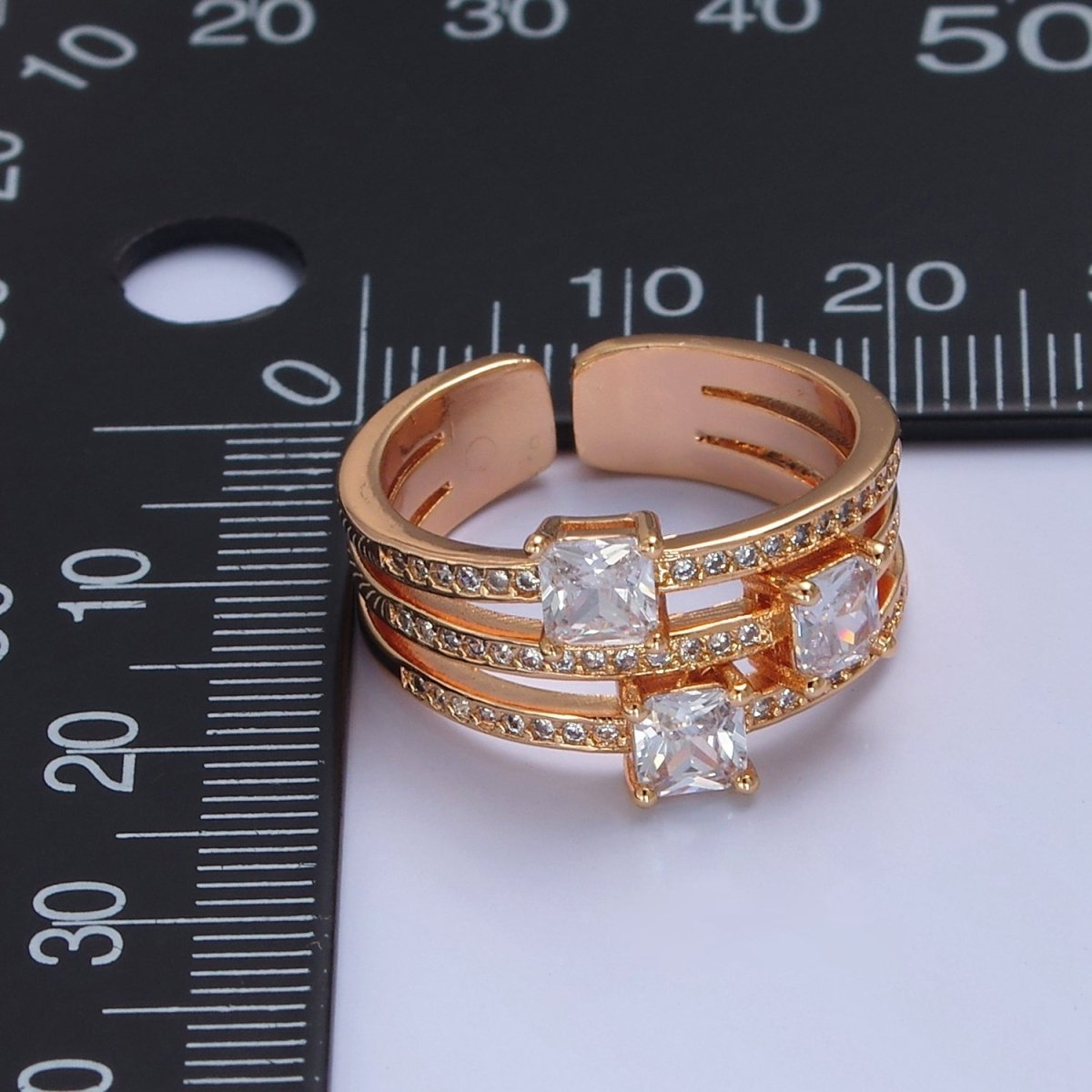 Triple Square cz Stone with Pave Gold Band Ring Open Adjustable O-2234