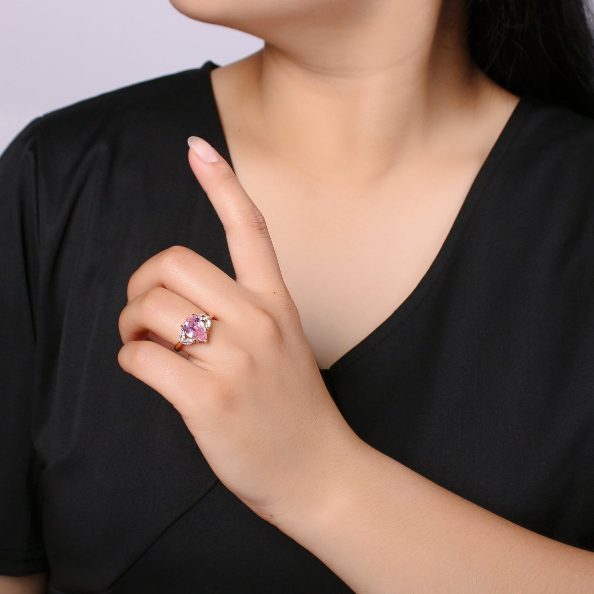 Vintage Teardrop Pink Ring- Adjustable Gold Ring- Engagement Ring- Promise Ring- Pink CZ Ring- Anniversary Birthday Gift For Her O-320