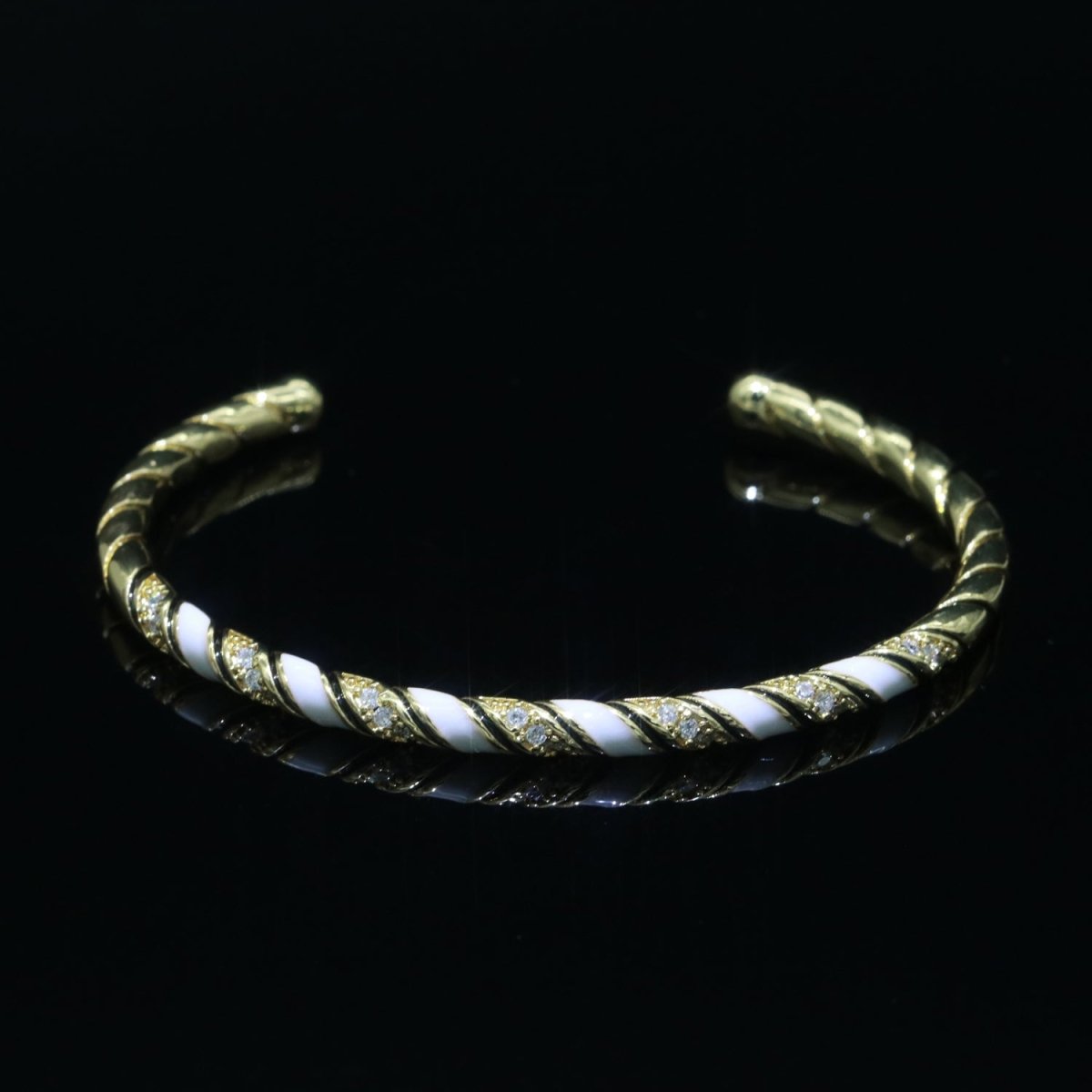 White Enamel Geometric Swirl Gold Filled Bangle Open Adjustable Bracelet Vintage Style Inspired | WA-123 Clearance Pricing