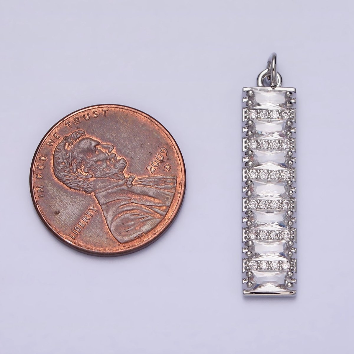 White Gold Filled 30mm Clear CZ Baguette Lined Micro Paved Band Tag Charm | AC1306