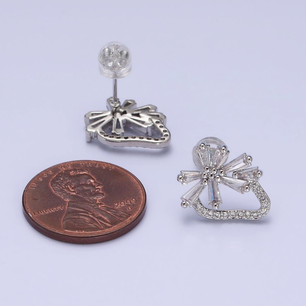 White Gold Filled Clear Baguette Flower Geometric Micro Paved CZ Stud Earrings | AD821
