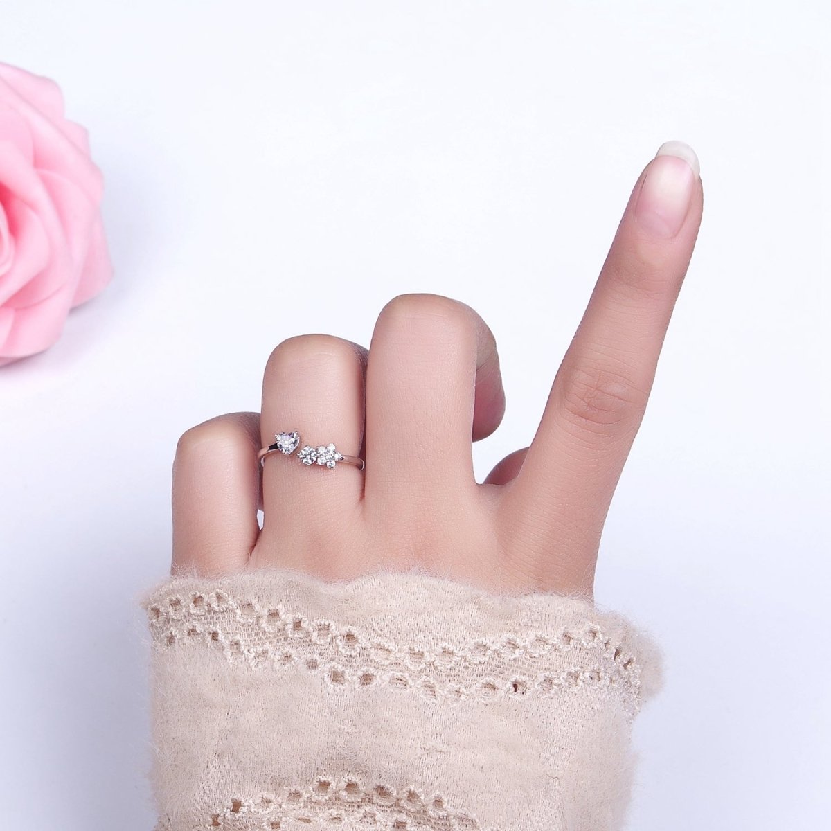 White Gold Filled Clear CZ Heart Flower Open Adjustable Ring | O-012