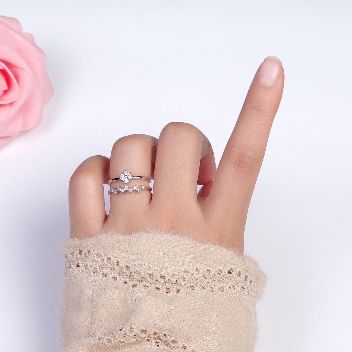 White Gold Filled Clear Quatrefoil Micro Paved CZ Double Band Silver Ring | R-073