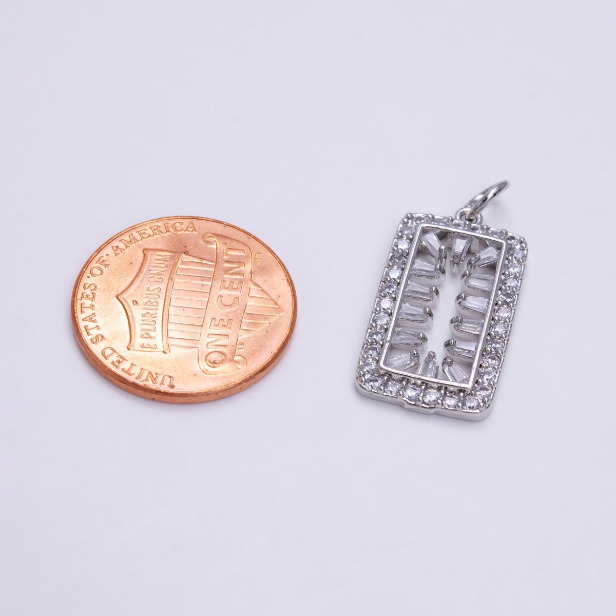 White Gold Filled Clear Triangle Baguette Open Micro Paved Tag Rectangular Charm | AC1452