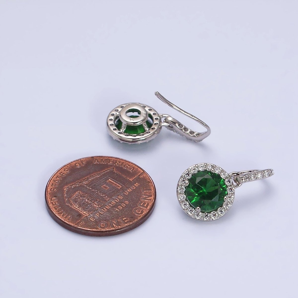 White Gold Filled Green CZ Round Micro Paved CZ French Hook Earrings | AD1451