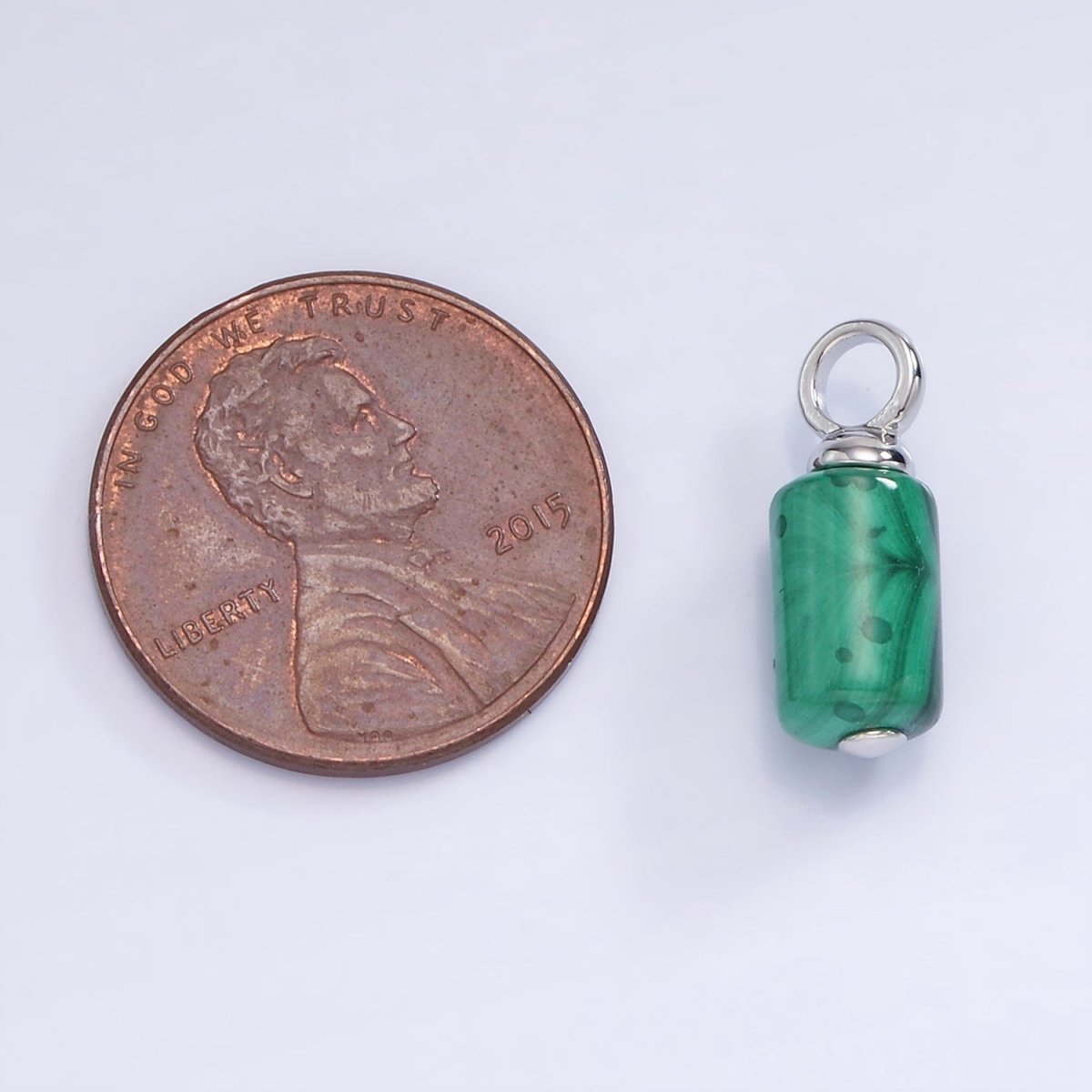 White Gold Filled Green Malachite Gemstone Cylinder Charm | W522