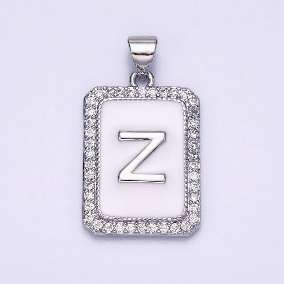 White Gold Filled Initial Letter A-Z White Enamel Micro Paved CZ Personalized Tag Pendant | A-559-A-571