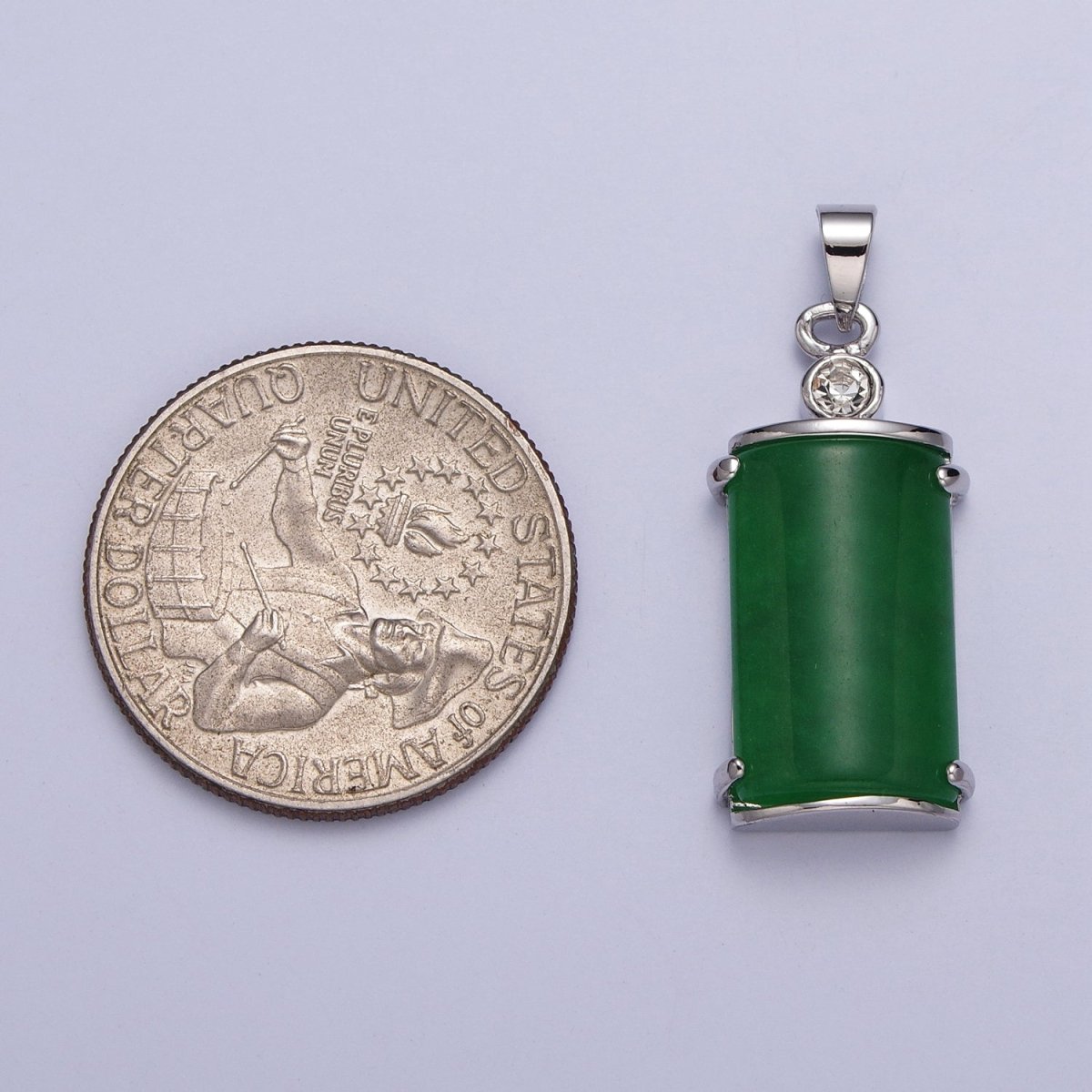 White Gold Filled Malaysian Green Jade Minimalist CZ Half Cylinder Pendant | AA101
