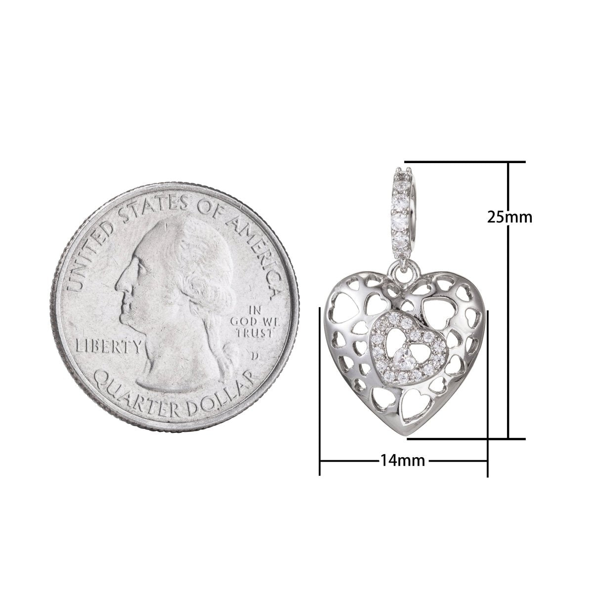 White Gold Filled Micro Pave CZ Heart Pendant Charm, Link Heart Micro Pave CZ Pendant Charm, White Gold Filled Pendant, For DIY Jewelry I-468