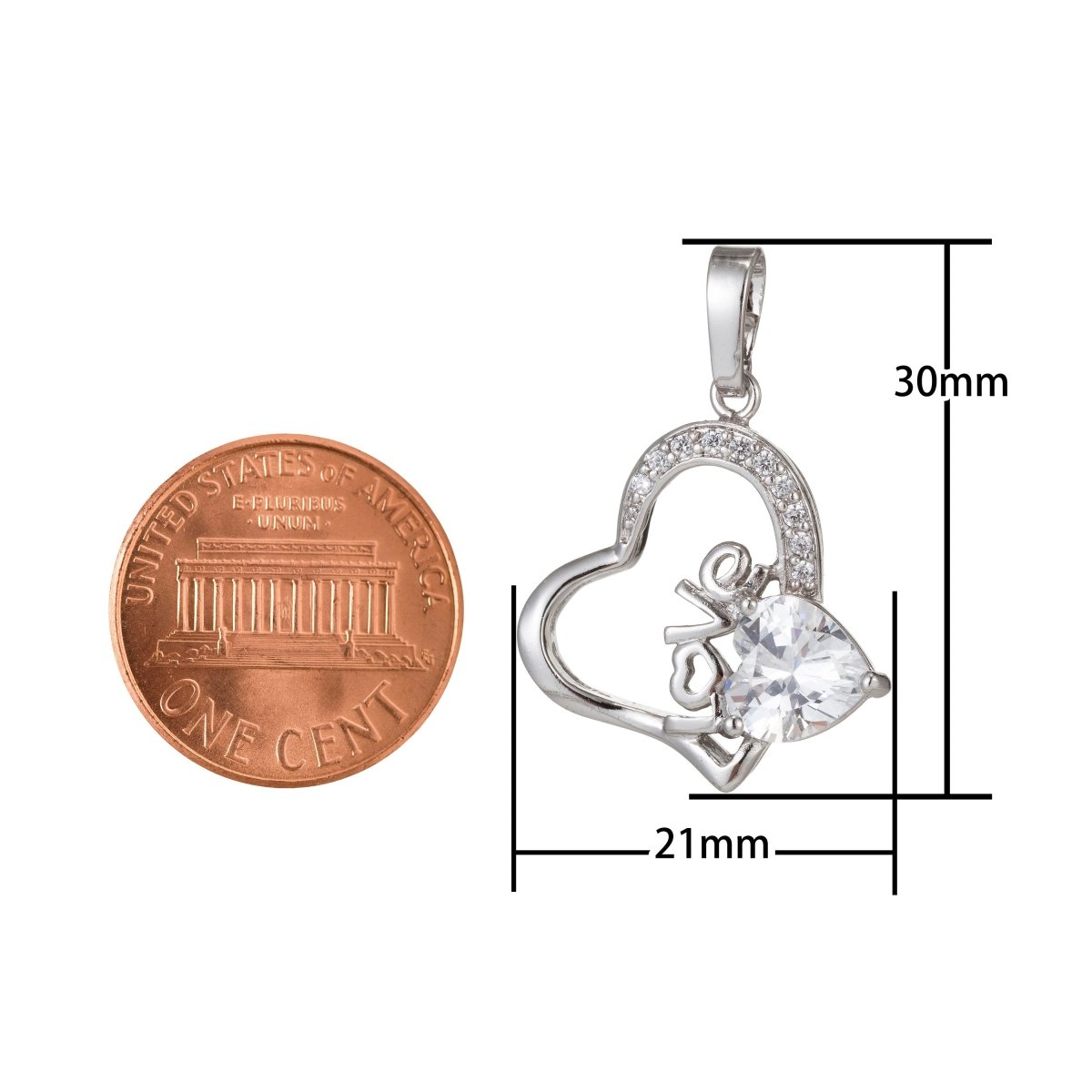 White Gold Filled Micro Pave CZ Love Heart Pendant Charm, Heart Micro Pave CZ Pendant Charm, White Gold Filled Pendant, For DIY Jewelry I-383