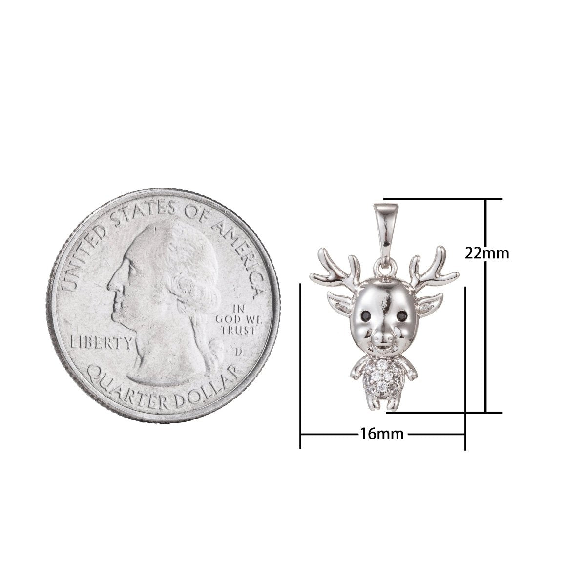 White Gold Filled Micro Pave CZ ReinDeer Pendant Charm, Deer Pendant Charm, White Gold Animal Pendant, For DIY Jewelry I-515