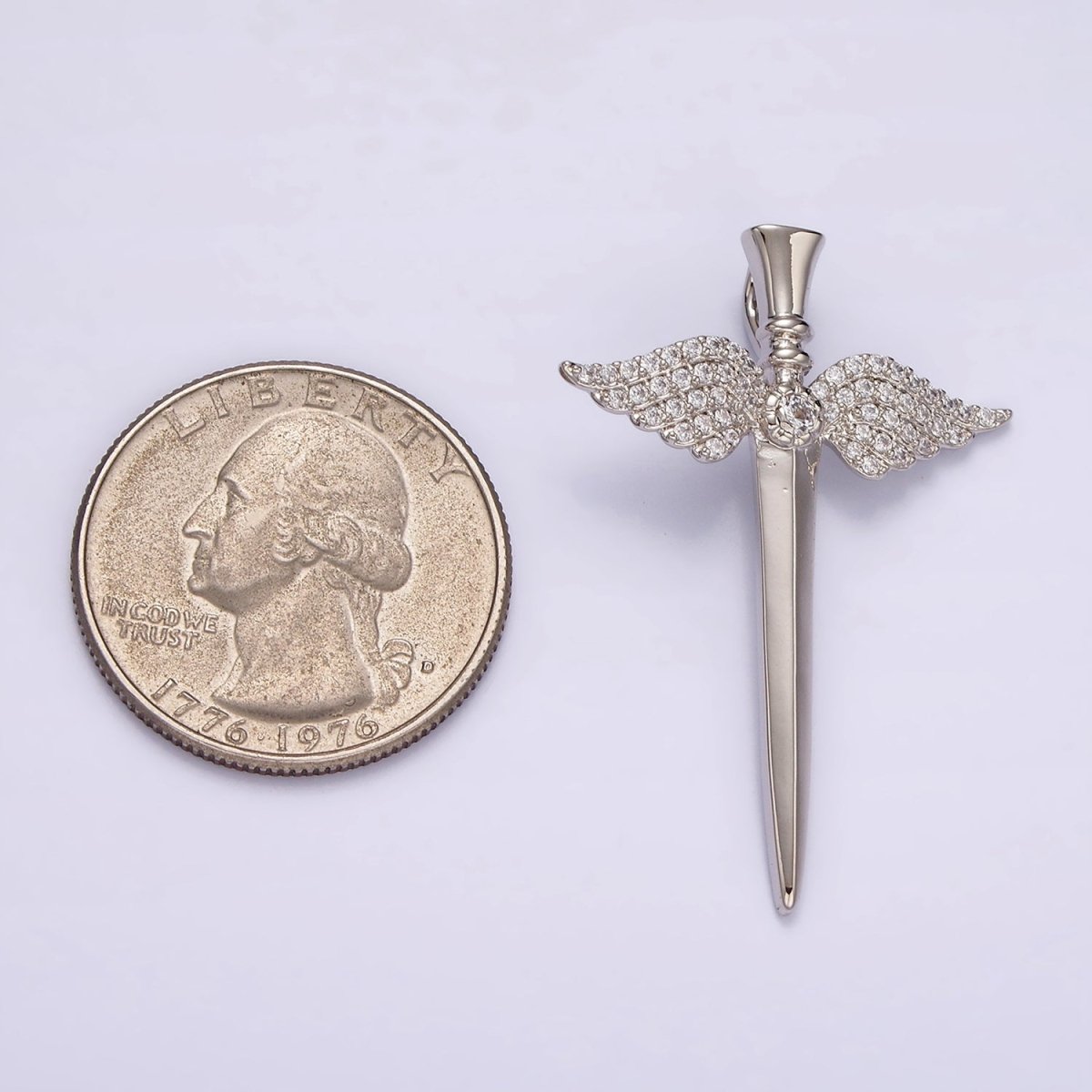 White Gold Filled Micro Paved CZ Angel Wings Sword Weapon Back Loop Pendant | N1872