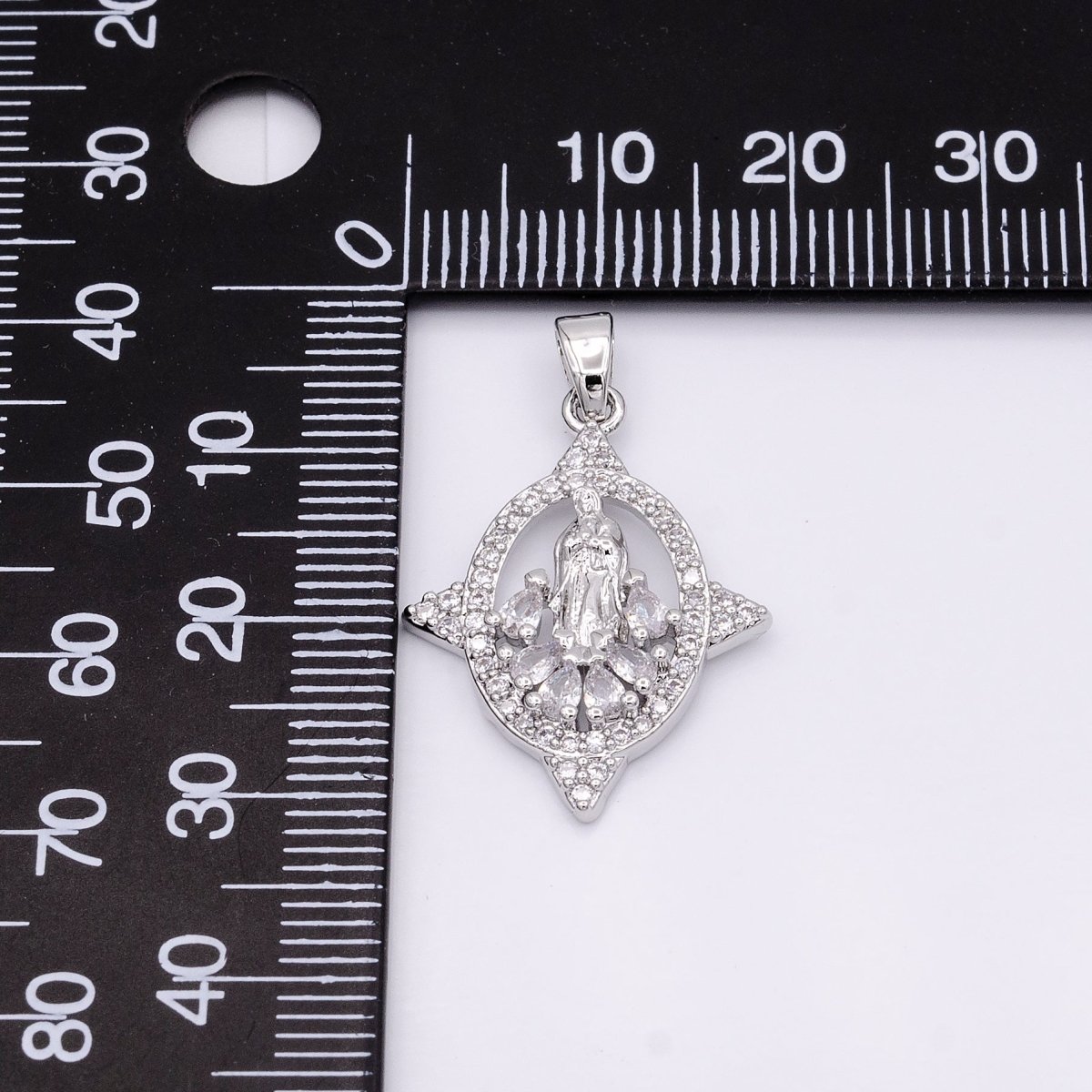 White Gold Filled Mother Virgin Mary Open Clear Teardrop Micro Paved CZ Spiked Oval Pendant | AA434