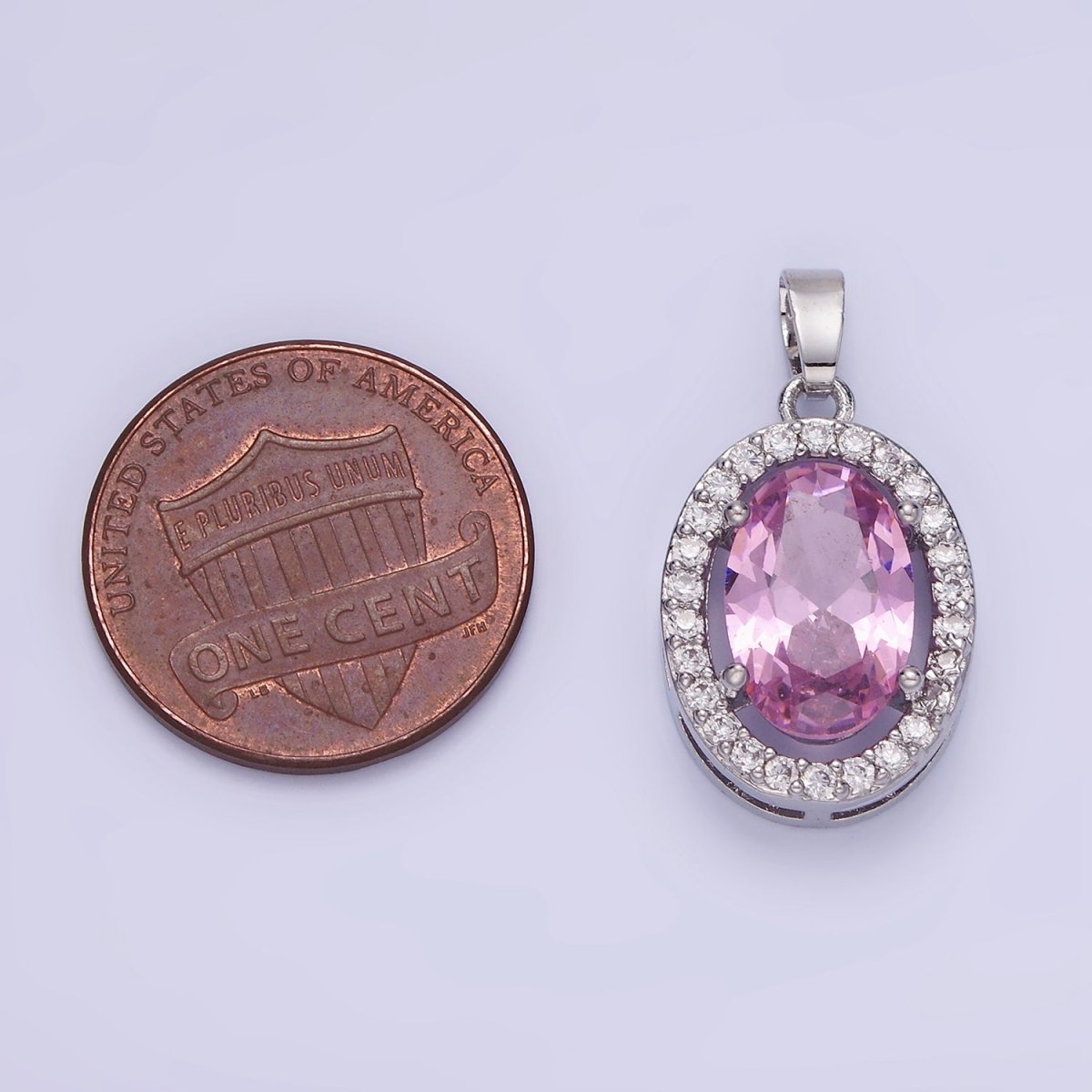 White Gold Filled Pink CZ Oval Micro Paved Pendant | AA1168