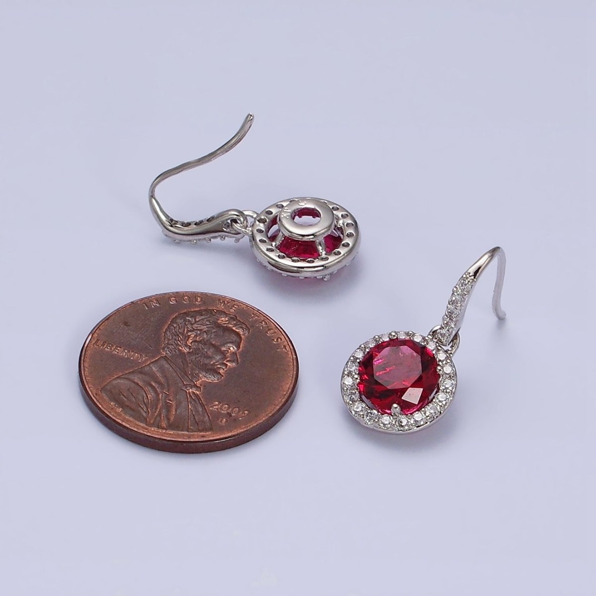 White Gold Filled Red CZ Round Micro Paved CZ French Hook Earrings | AD1524