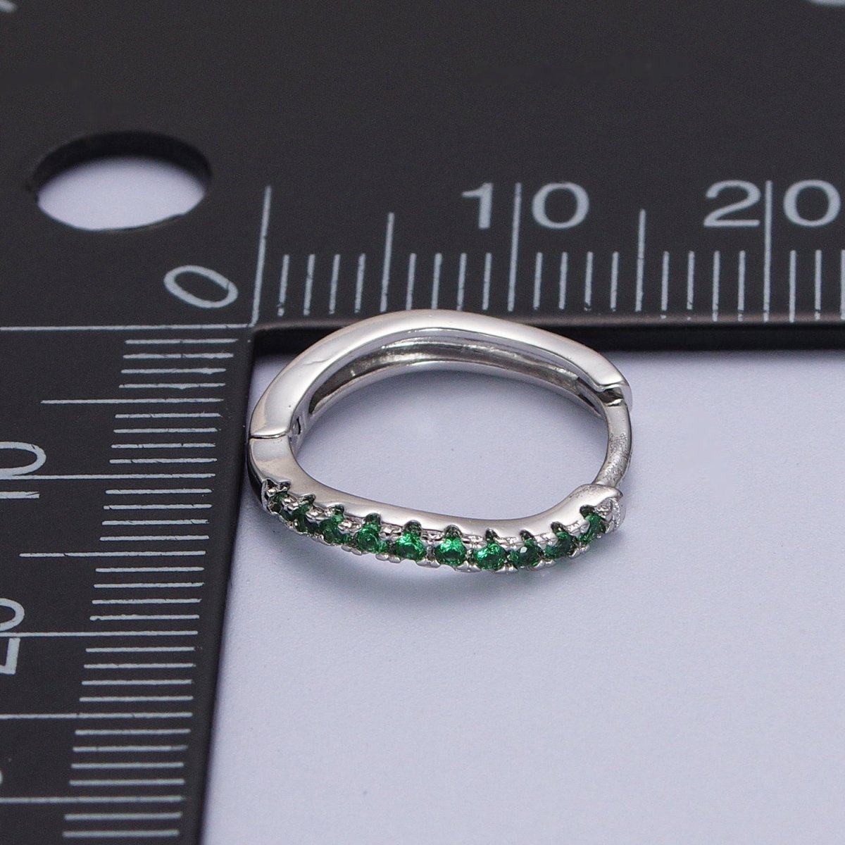 White Gold Filled Rhombus Huggie Green Micro Paved CZ Lined Hoop Earrings P-498