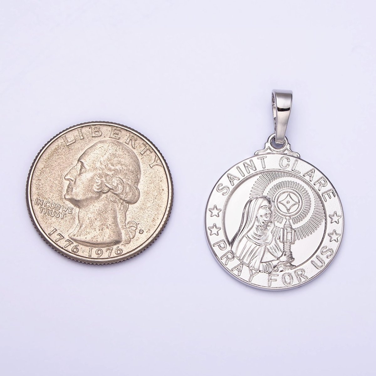 White Gold Filled "SAINT CLARE PRAY FOR US" Double Sided Miracle Prayer Round Pendant | AA519