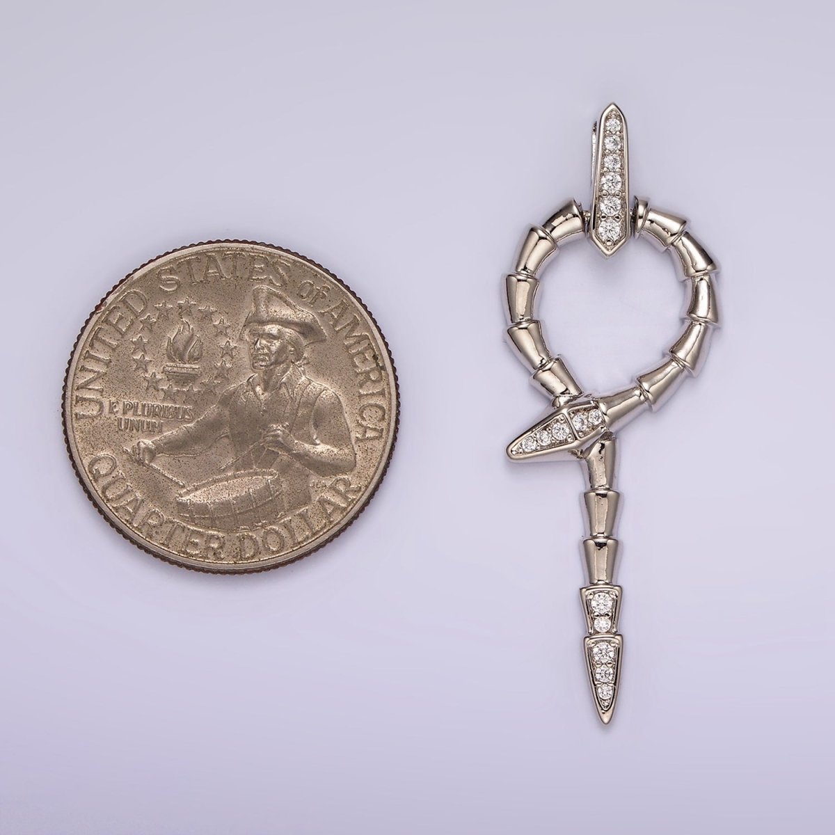 White Gold Filled Snake Serpent Circular Lined Staff Micro Paved Bail Pendant | AA1122