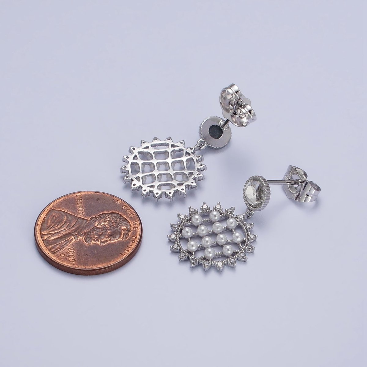 White Gold Filled Sun Celestial Micro Paved Pearl Lined Round Clear CZ Drop Dangle Earrings | AB161