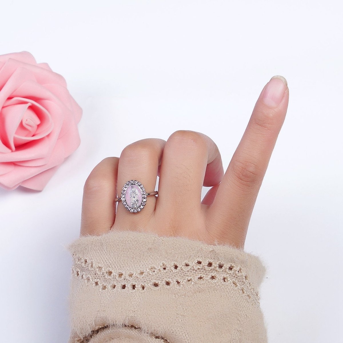 White Gold Filled Virgin Mother Mary White, Green, Pink, Blue, Purple Shell Opal Silver Ring | O-205~O-209