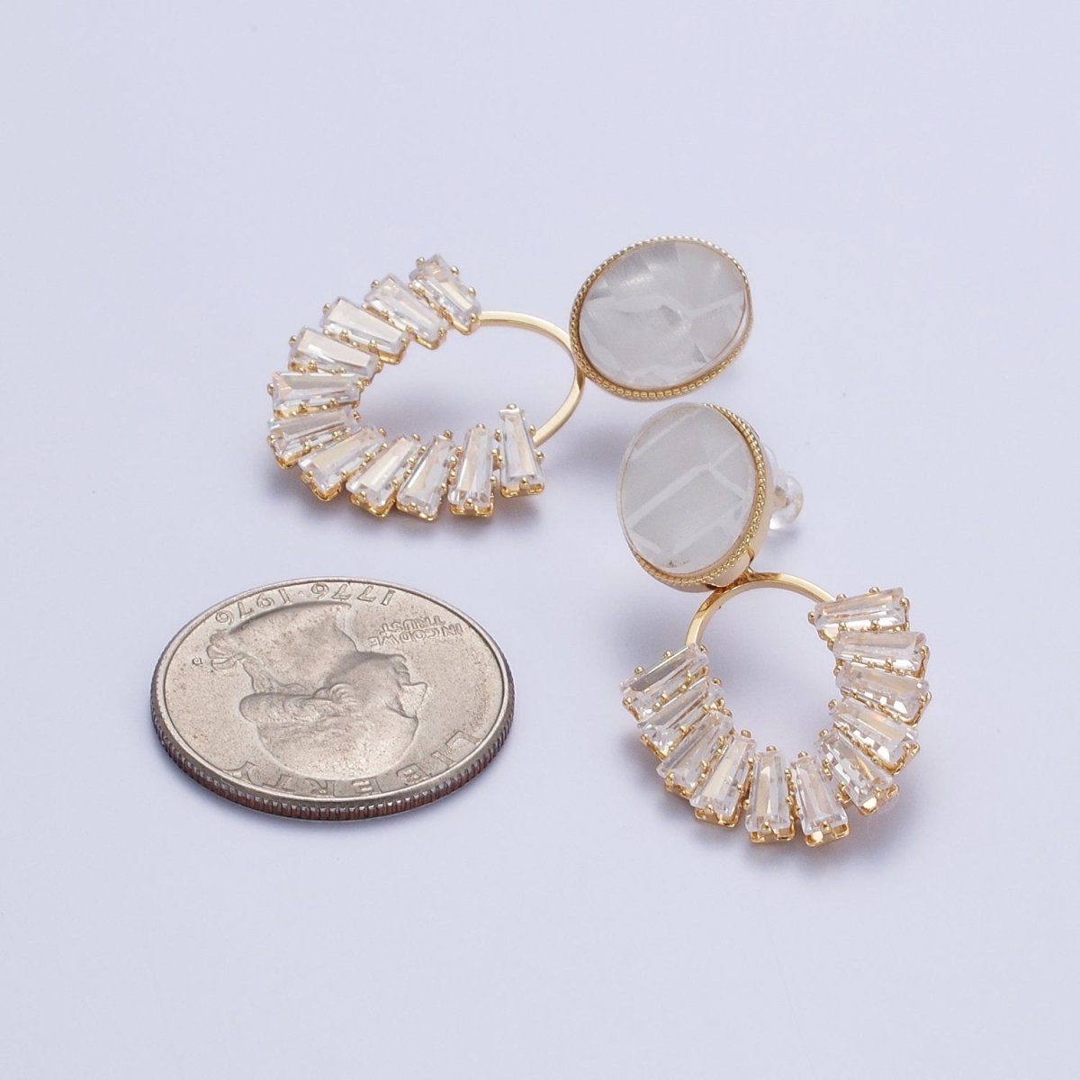 White Opal Oval with Baguette Cubic Zirconia Drop Gold Stud Earrings | AD-535