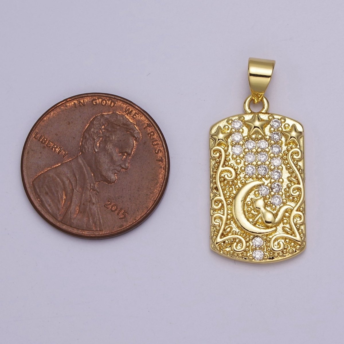 Yellow Gold Tag Pendant Crescent Moon With Cat Charm For Dangle Pendant Necklace J-320