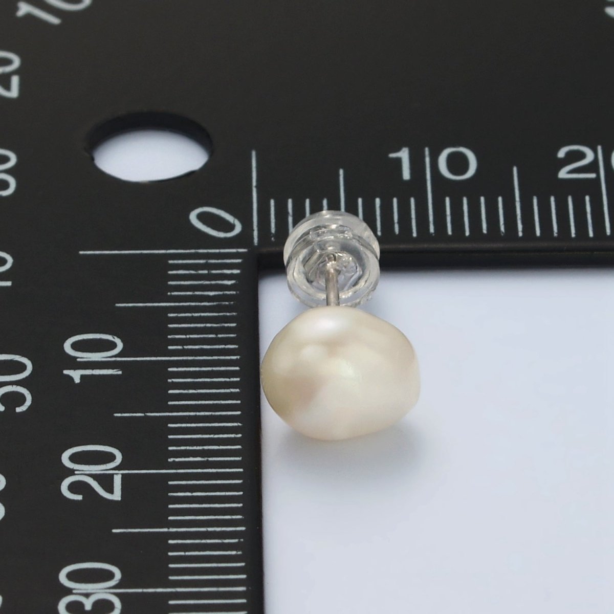 Silver Baroque Freshwater Pearl Stud Earrings Minimalist Wedding Jewelry | Q106