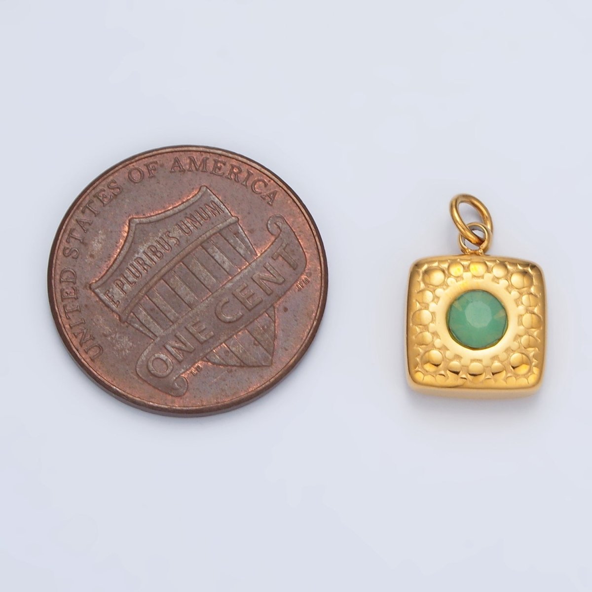 Stainless Steel 15mm Green Aventurine CZ Textured Square Mini Charm | P1040