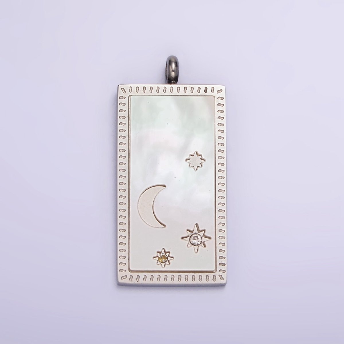Stainless Steel 30mm Celestial Crescent Moon Star Shell Pearl Rectangular Tag Charm in Gold & Silver | P-669 P-670
