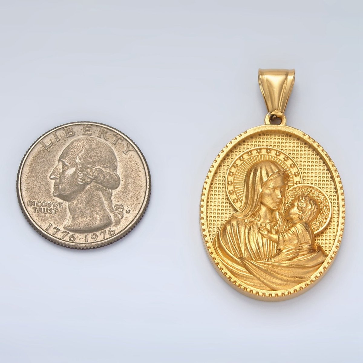 Stainless Steel 40mm Religious Portrait Mary Baby Jesus Oval Pendant | P1474