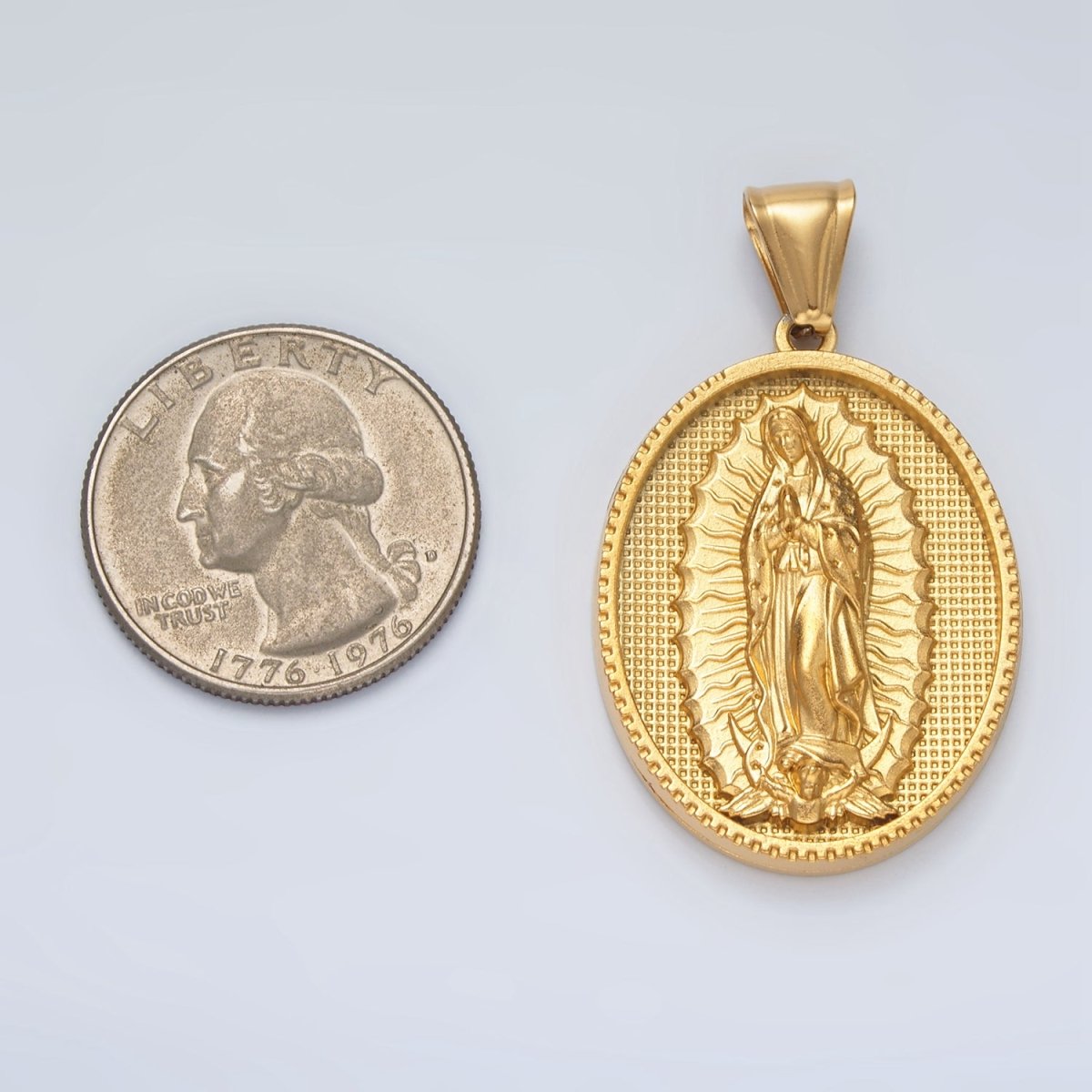 Stainless Steel 44mm Miraculous Lady Guadalupe Mary Textured Oval Pendant | P1471