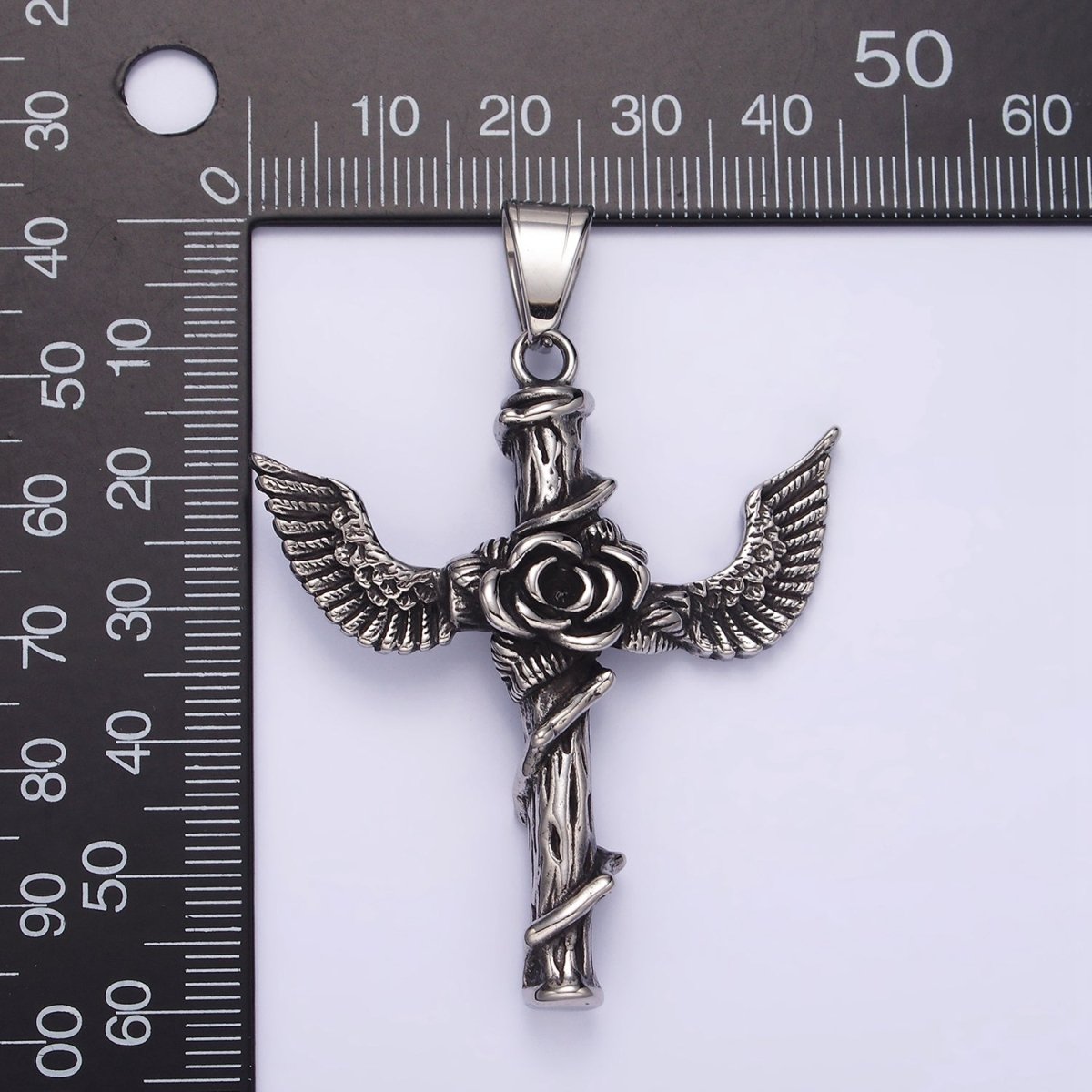 Stainless Steel 60mm Religious Cross Rose Flower Vine Wood Feather Wings Pendant | P-776